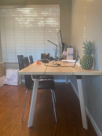 Dining table, sofa, bed frame, computer chair, speakers 1