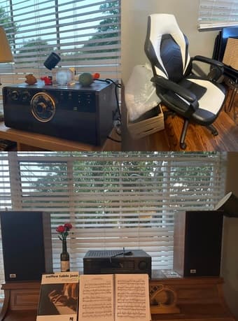 Dining table, sofa, bed frame, computer chair, speakers 4