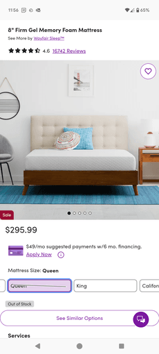 Wayfair gel memory foam mattress: Queen with pillows (originally $300) 1