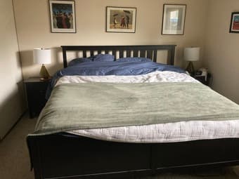 Moving sale: solid wood bed set: king frame, night stands, 2 dressers 1