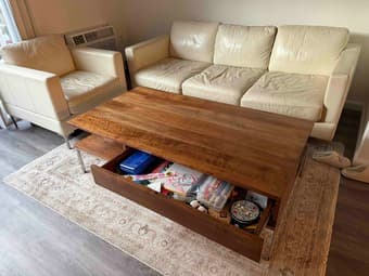 Beautiful white leather soft with love seat and spacious coffee table 2