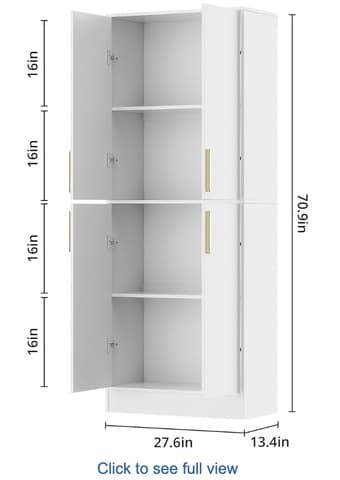 Tall White Pantry Cabinet – 4 Doors w/ Adjustable Shelves 2