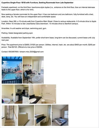 Cupertino Single-Floor 1B1B with Furniture, Seeking Roommate from Late 1