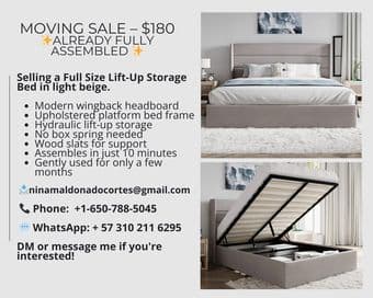 Full Size Lift-Up Storage Bed in light beige. 1