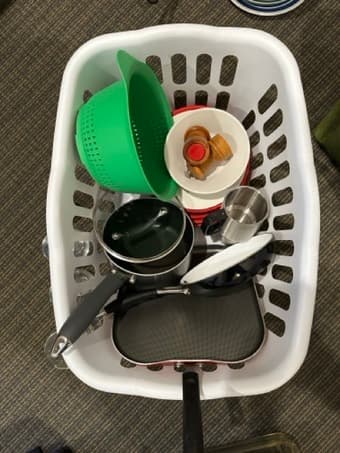 Wash basket, Plates + bowls, pots, salt + pepper shakers, new strainer 1