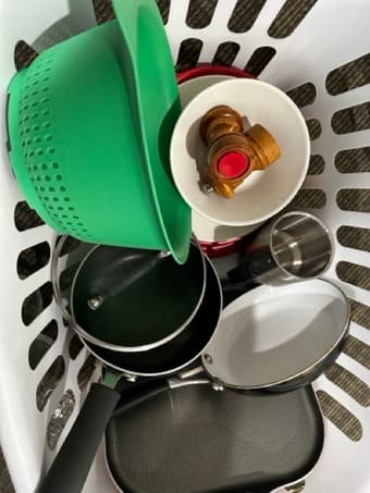 Wash basket, Plates + bowls, pots, salt + pepper shakers, new strainer 2
