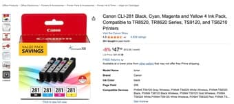 Ink refill for Canon printer (CLI-281) for TR8520, 8620, 9120, 6210 3