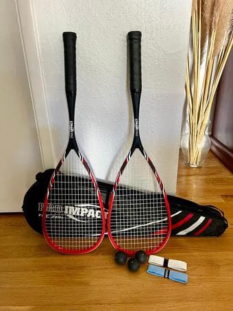 2 PRO IMPACT Graphite Carbon Fiber Squash Racket + Balls + Grip + Bags 1