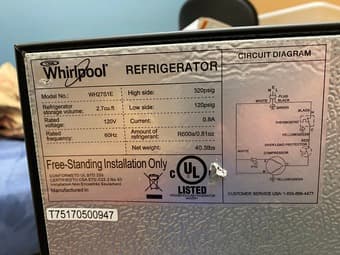 Whirlpool mini fridge 2.7 cu ft WH27S1E, silver, used 3