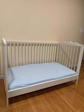 IKEA crib + bed frame + mattress + guard rail + waterproof sheet + she 1