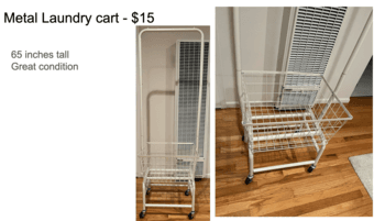 Kettle, table, rolling laundry basket, and other household items 1