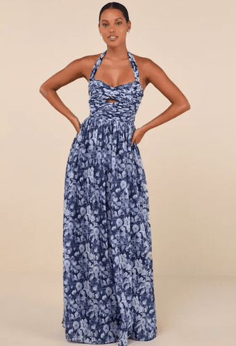 *NEW WITH TAGS* Women's Navy Blue Floral Halter Maxi Dress (S) 1