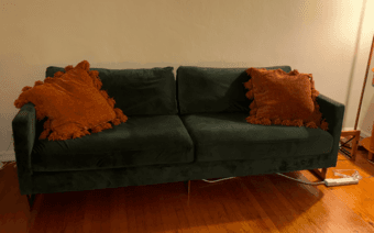 dark green velvet couch with gold hardware 2