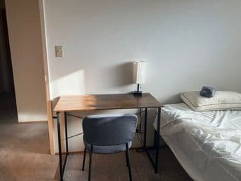 Bedframe, full size mattress, table and chair 250$ at California Av 1