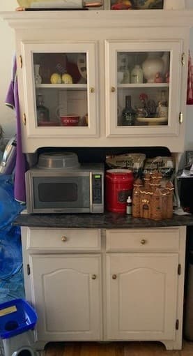 Farmhouse Trestle table w/2 chairs and 2 benches; Farmhouse Hutch 1