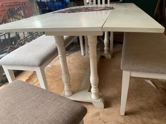 Farmhouse Trestle table w/2 chairs and 2 benches; Farmhouse Hutch 3