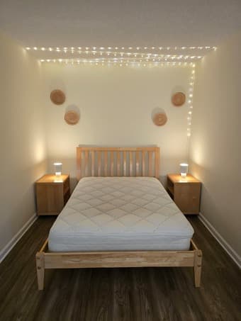 Wood Queen Size Bed Frame + Mattress + 2 Nightstands 1