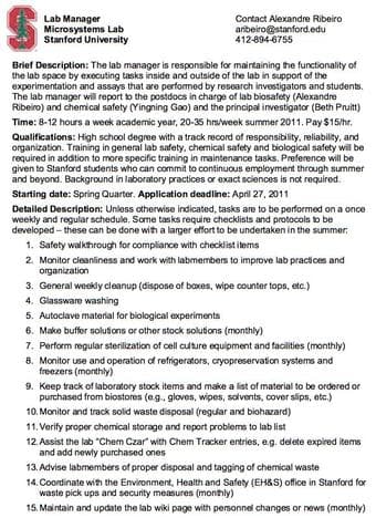 Lab Manager at the Stanford Microsystems Lab 1